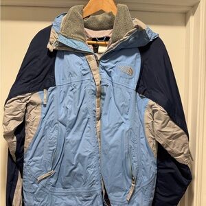 The North Face Light Blue and Gray HyVent shell with zip in fleece